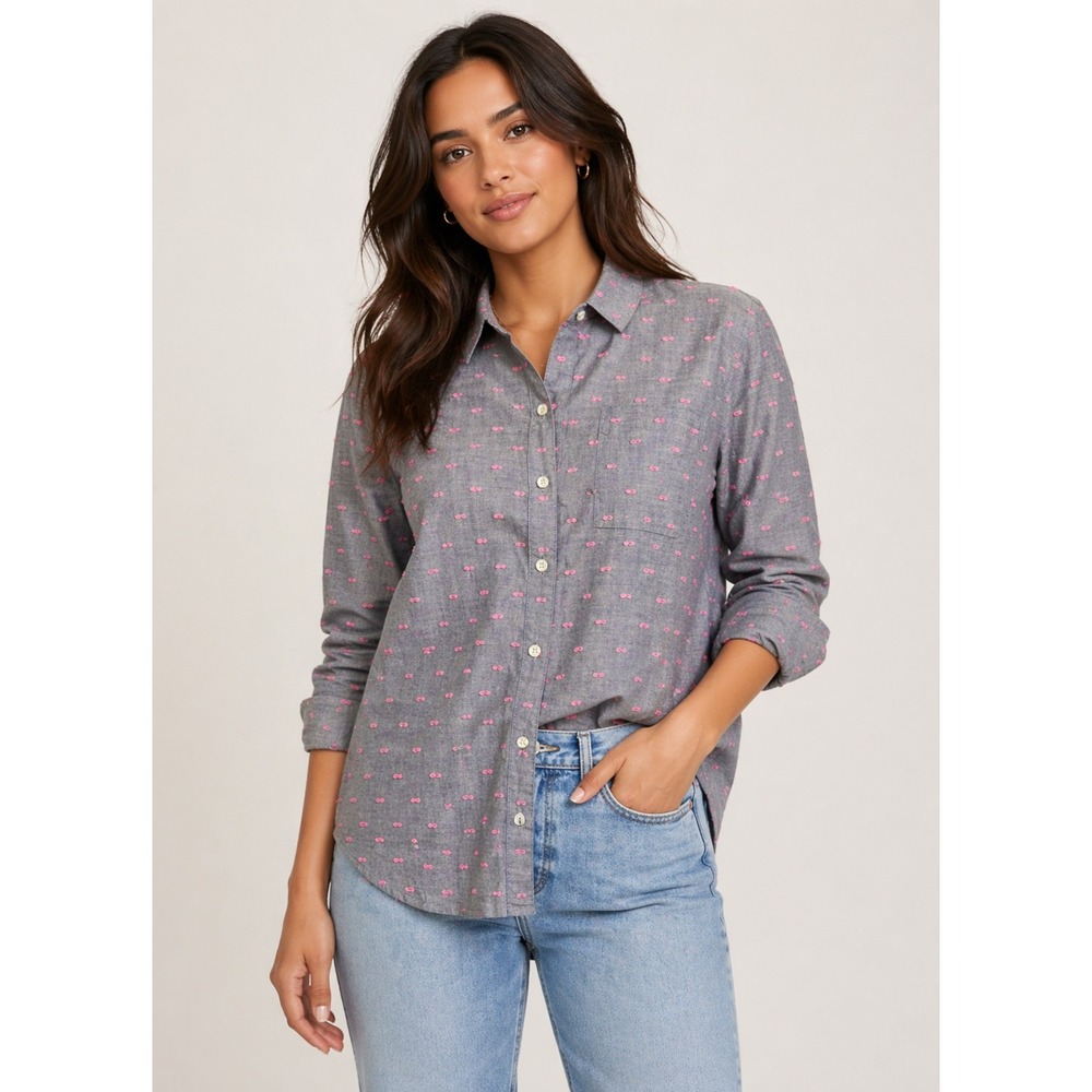 Splendid Dobby Cotton Shirt Gray Pink Embroidered Pleated Back Coastal Preppy XS